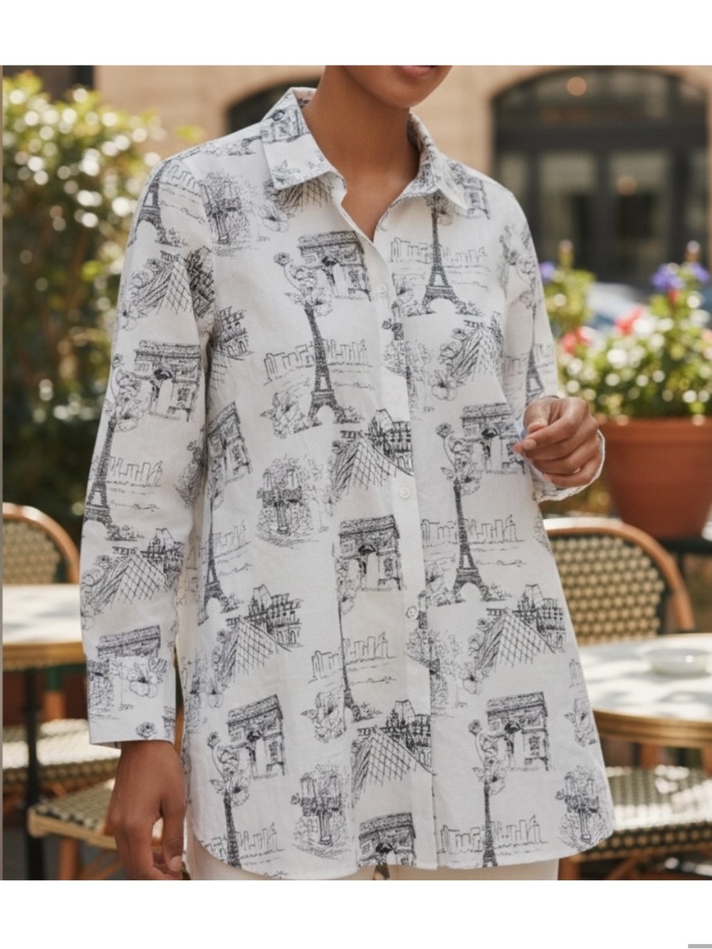 Chico's Paris Printed No Iron White Button Down Shirt Size 12/14 Large